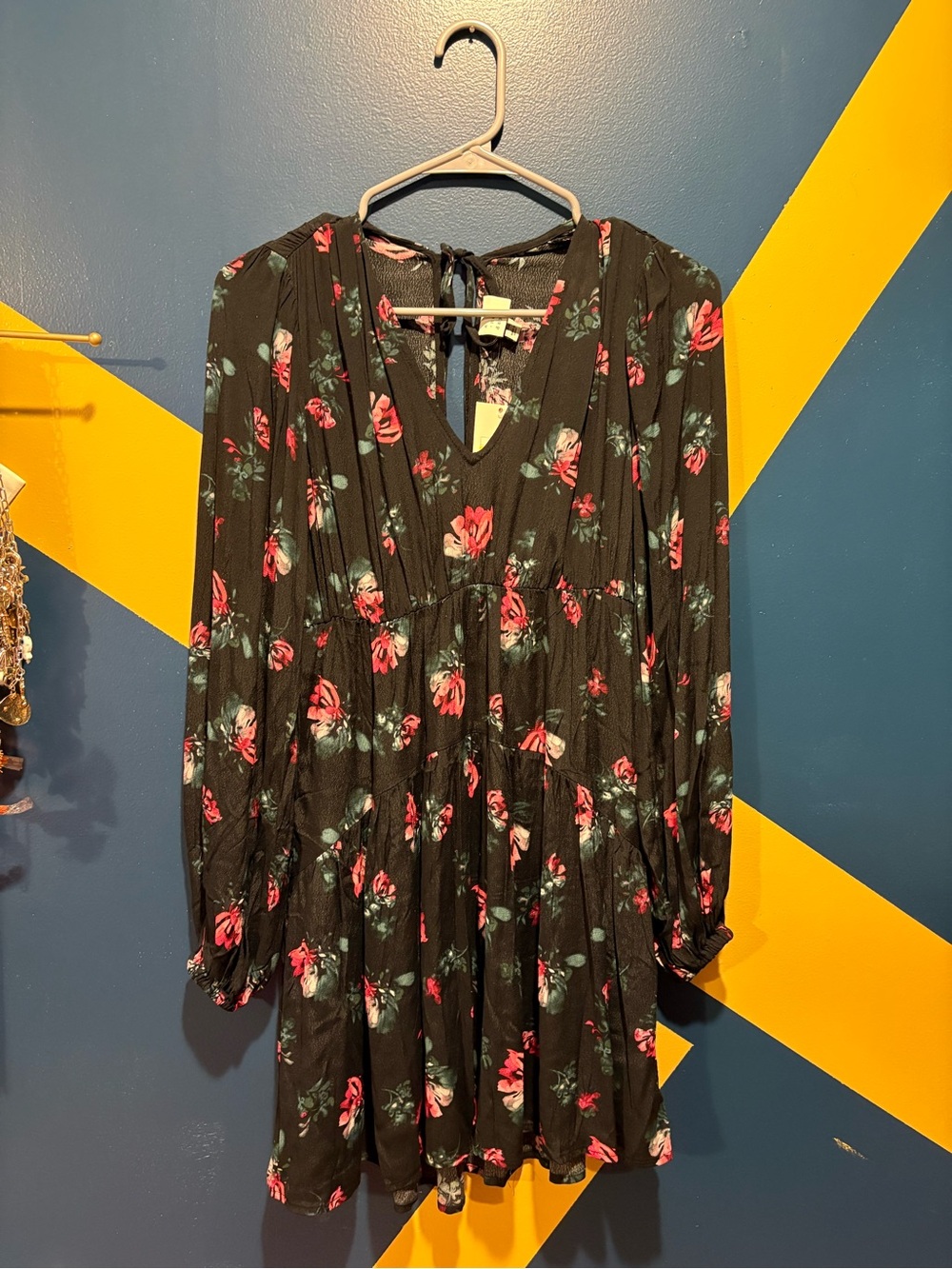 A New Day Black Floral V-Neck Long Sleeve Tiered Mini Dress NWT